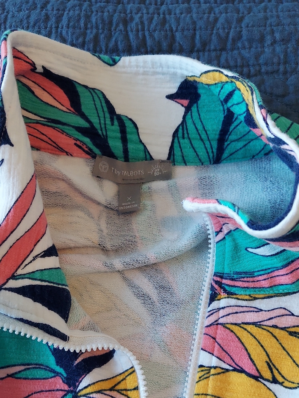 T By Talbots White Zip-Front Top with Teal, Pink & Yellow Leaf Print